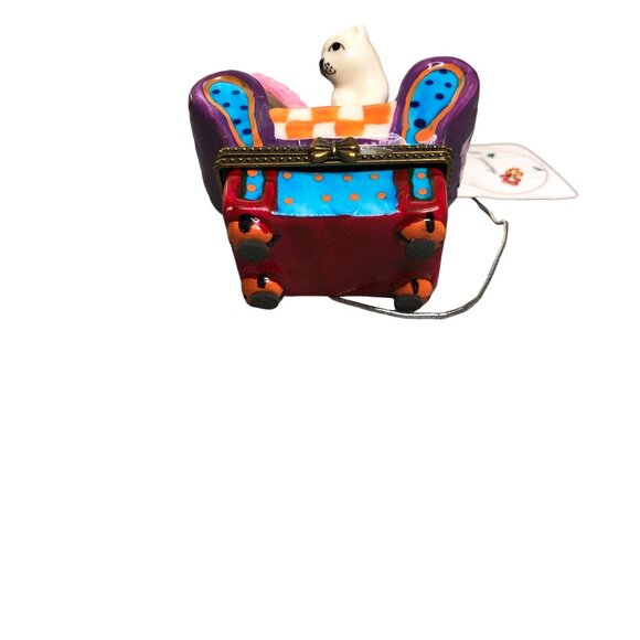 Gift Box Cat Chair Porcelain Hinged Trinket Present Jewelry Pill Purple Kitten - Picture 9 of 13